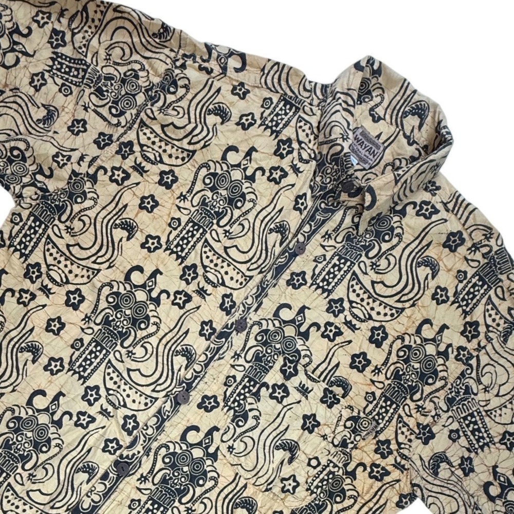 Wayan Natural Wear Mens XL Batik Shirt Tan Black Tribal Mask Cotton Indonesia